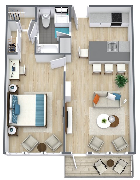 Floor plan for 1 bed, 1 bath, 744 sqft